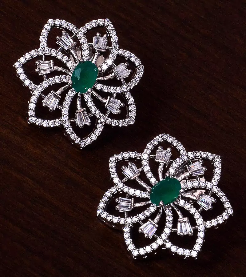 Emerald Embellished Rhodium Plated American Diamond Earrings 216ED297