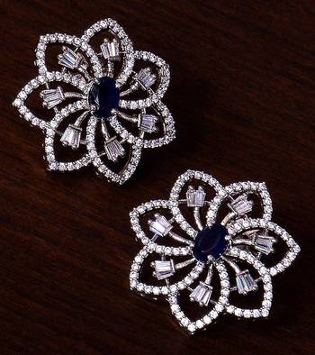 Sapphire Embellished Rhodium Plated American Diamond Earrings 216ED298 1