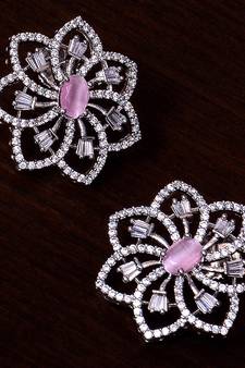 Pink Stone Embellished Rhodium Plated American Diamond Earrings 216ED299