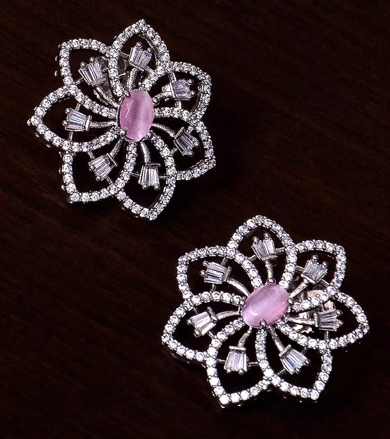 Pink Stone Embellished Rhodium Plated American Diamond Earrings 216ED299