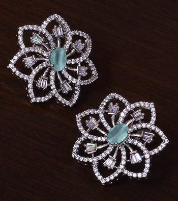 Mint stone embellished rhodium plated american diamond earrings 1
