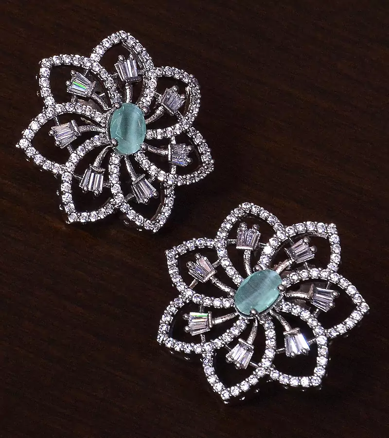 Mint Stone Embellished Rhodium Plated American Diamond Earrings 216ED300