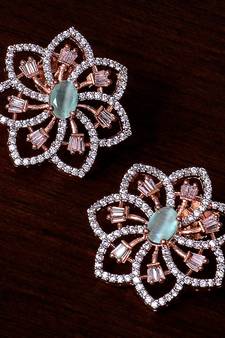 Mint Stone Embellished Rose Gold Plated American Diamond Earrings 216ED301