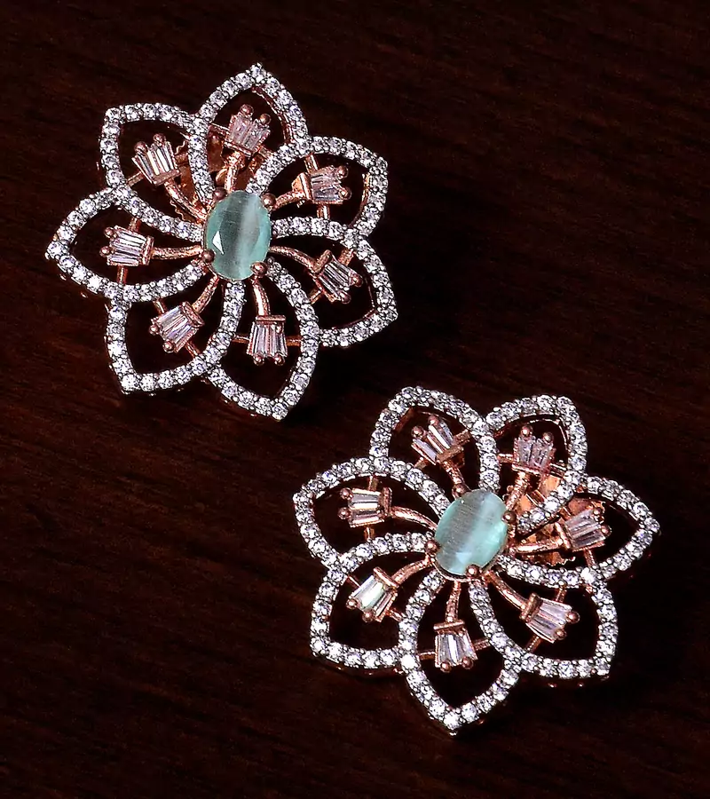 Mint Stone Embellished Rose Gold Plated American Diamond Earrings 216ED301