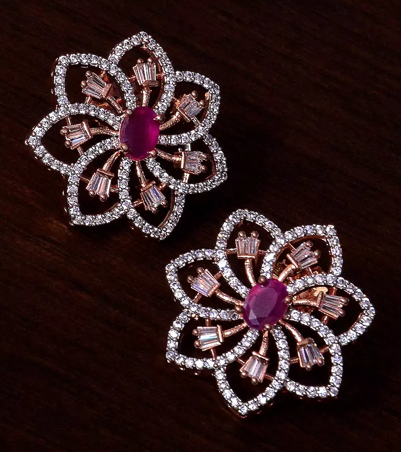 Ruby Embellished Rose Gold Plated American Diamond Earrings 216ED303