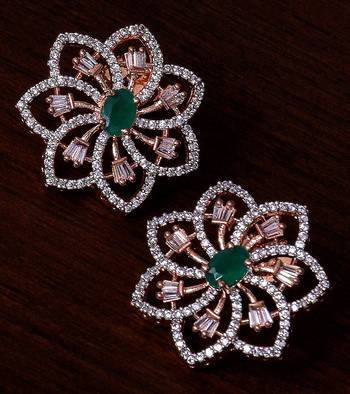 Emerald embellished rose gold plated american diamond earrings 1