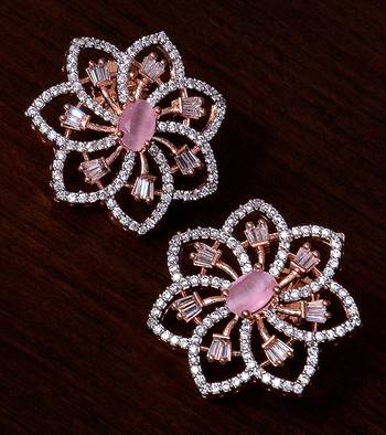 Pink Stone Embellished Rose Gold Plated American Diamond Earrings 216ED305 1
