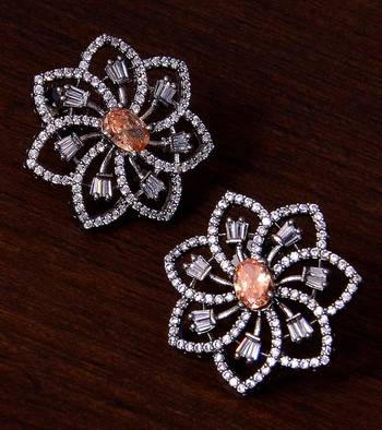 Black silver plated champagne stone embellished american diamond earrings 1