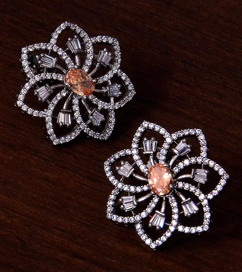 Black Gold Plated Champagne Stone Embellished American Diamond Earrings 216ED306