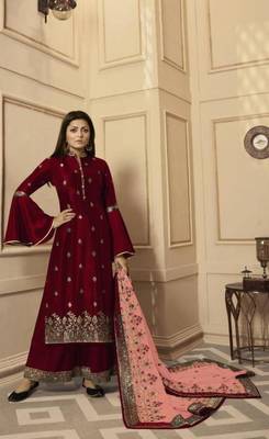 Red embroidered raw dupion silk salwar 1