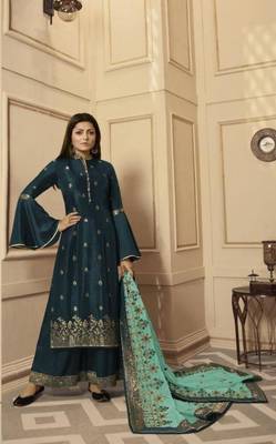 Sea-green embroidered raw dupion silk salwar 1