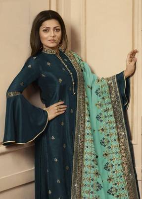 Sea-green embroidered raw dupion silk salwar 2