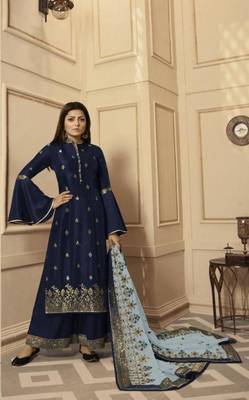 Blue embroidered raw dupion silk salwar 1
