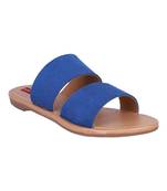 suede Stylish Embriodery Blue Flat Sandal For Women