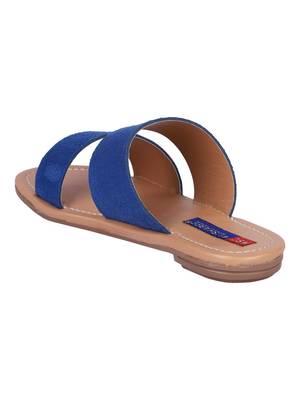 suede Stylish Embriodery Blue Flat Sandal For Women 3