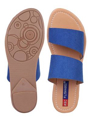 suede Stylish Embriodery Blue Flat Sandal For Women 4