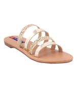 pu Stylish Embriodery metallic Flat Sandal For Women