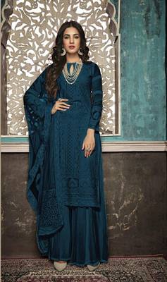 Dark-sky-blue embroidered faux georgette salwar 1