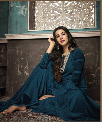 Dark-sky-blue embroidered faux georgette salwar 2