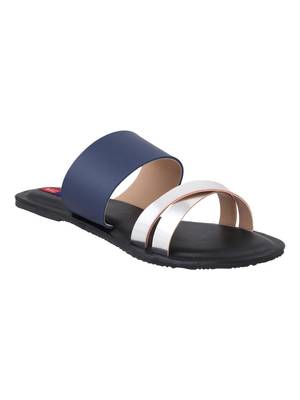 leatherette Stylish Embriodery blue Flat Sandal For Women 1
