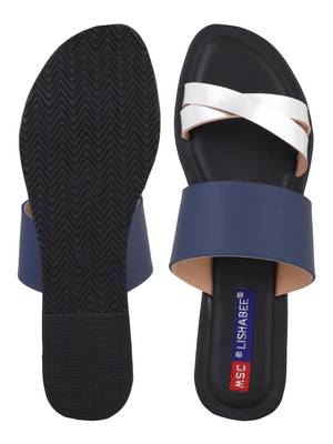 leatherette Stylish Embriodery blue Flat Sandal For Women 4