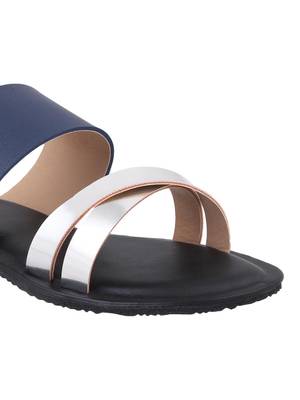 leatherette Stylish Embriodery blue Flat Sandal For Women 5