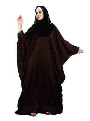 Justkartit Brown Color Plain Free Size Nida Abaya With Lace Work & Hijab 1