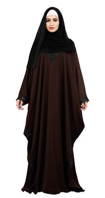 Justkartit Brown Color Plain Free Size Nida Abaya With Lace Work & Hijab 2