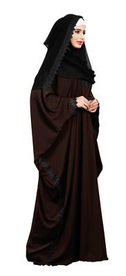 Justkartit Brown Color Plain Free Size Nida Abaya With Lace Work & Hijab 3