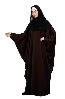 Justkartit Brown Color Plain Free Size Nida Abaya With Lace Work & Hijab 4