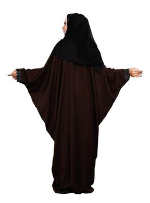 Justkartit Brown Color Plain Free Size Nida Abaya With Lace Work & Hijab 5