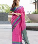 Pink woven cotton silk saree with blouse