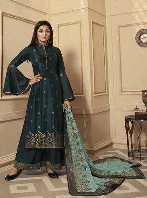 Dark-turquoise embroidered silk salwar 1
