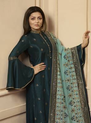 Dark-turquoise embroidered silk salwar 2