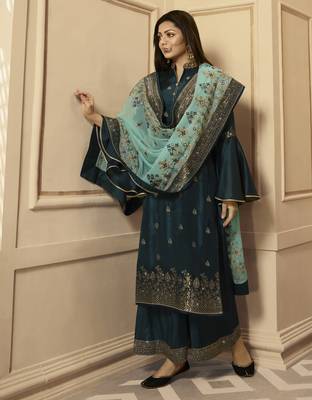 Dark-turquoise embroidered silk salwar 3