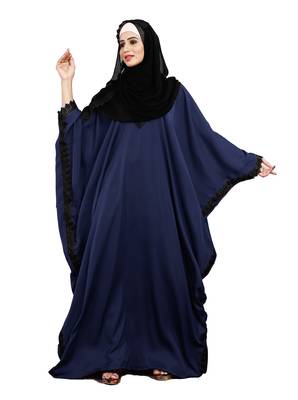Justkartit Navy Blue Color Casual Wear Plain Free Size Nida Abaya With Lace Work And Hijab 1