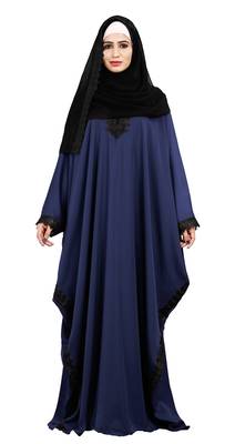 Justkartit Navy Blue Color Casual Wear Plain Free Size Nida Abaya With Lace Work And Hijab 2