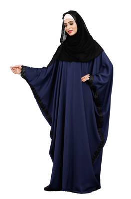 Justkartit Navy Blue Color Casual Wear Plain Free Size Nida Abaya With Lace Work And Hijab 4
