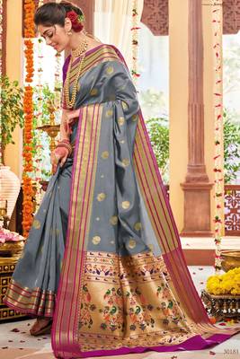 Grey woven paithani silk saree with blouse 1
