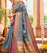 Grey woven paithani silk saree with blouse