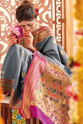 Grey woven paithani silk saree with blouse 2