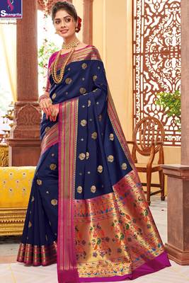 Blue woven paithani silk saree with blouse 2