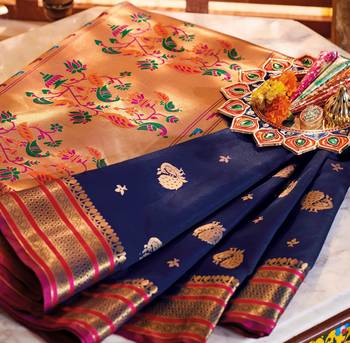 Blue woven paithani silk saree with blouse 3
