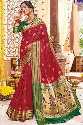 Red woven paithani silk saree with blouse 1