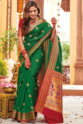 Green woven paithani silk saree with blouse 1