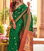 Green woven paithani silk saree with blouse