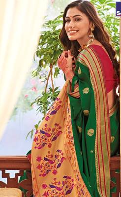 Green woven paithani silk saree with blouse 2