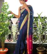 Navy Blue Pure Linen Saree With Pink Pallu And Zari Border