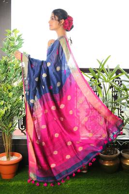 Navy Blue Pure Linen Saree With Pink Pallu And Zari Border 2