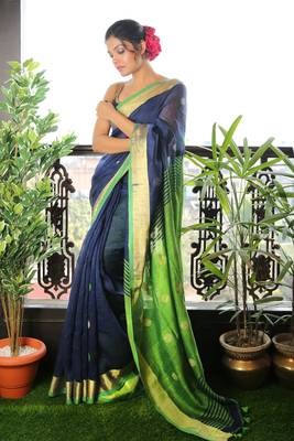 Navy Blue Pure Linen Saree With Green Pallu And Zari Border 1